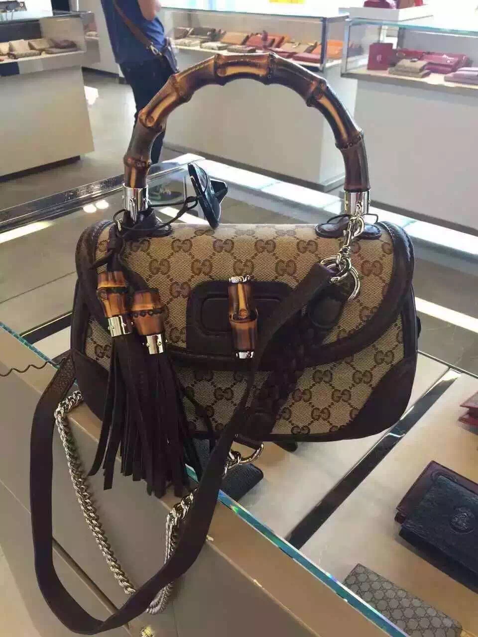 Authentic Gucci Bamboo Canvas Top Handle Bag 254884 Brown